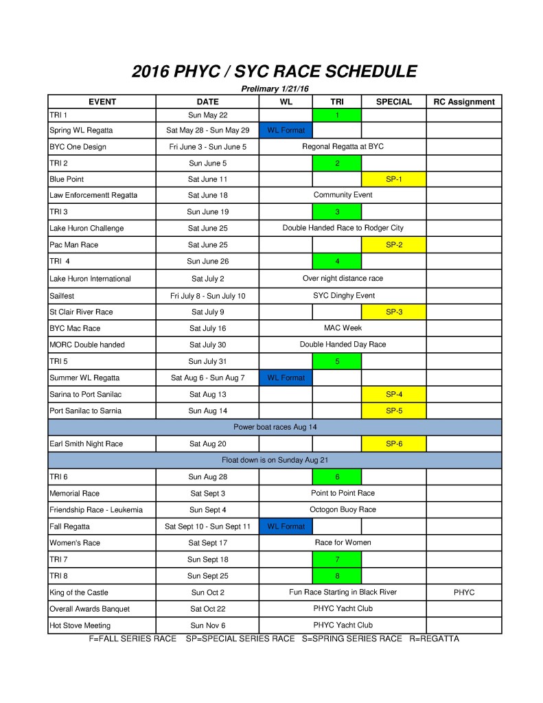 2016 PHYC Schedule